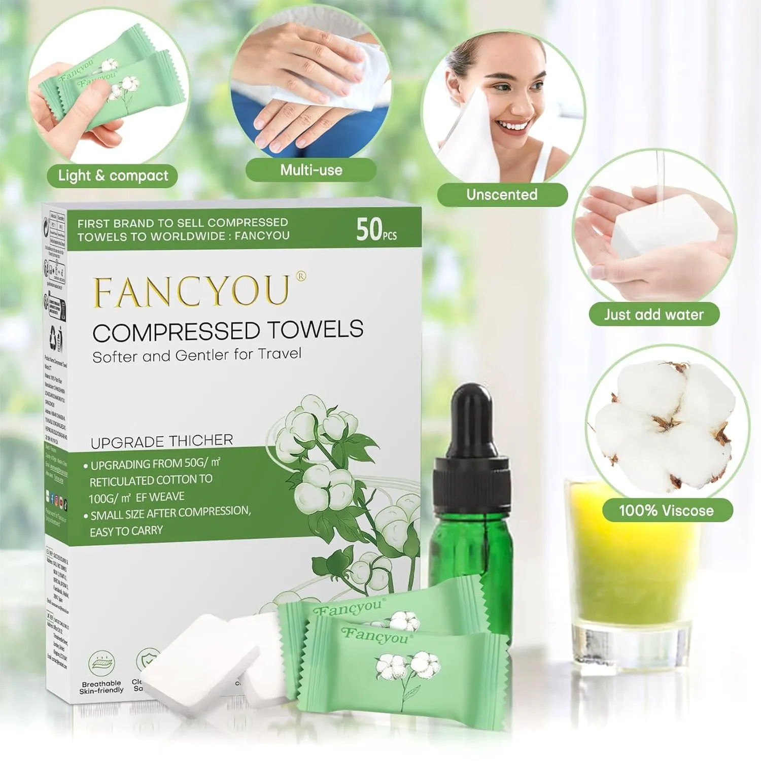 Large Compressed Disposable Face Towel, Thicken Washcloth Compact Portable Cotton Wipes Tablets, Facial Cleansing Cloths Towelettes for Travel Camping Hiking Outdoor Beauty Salon(50PCS Green)