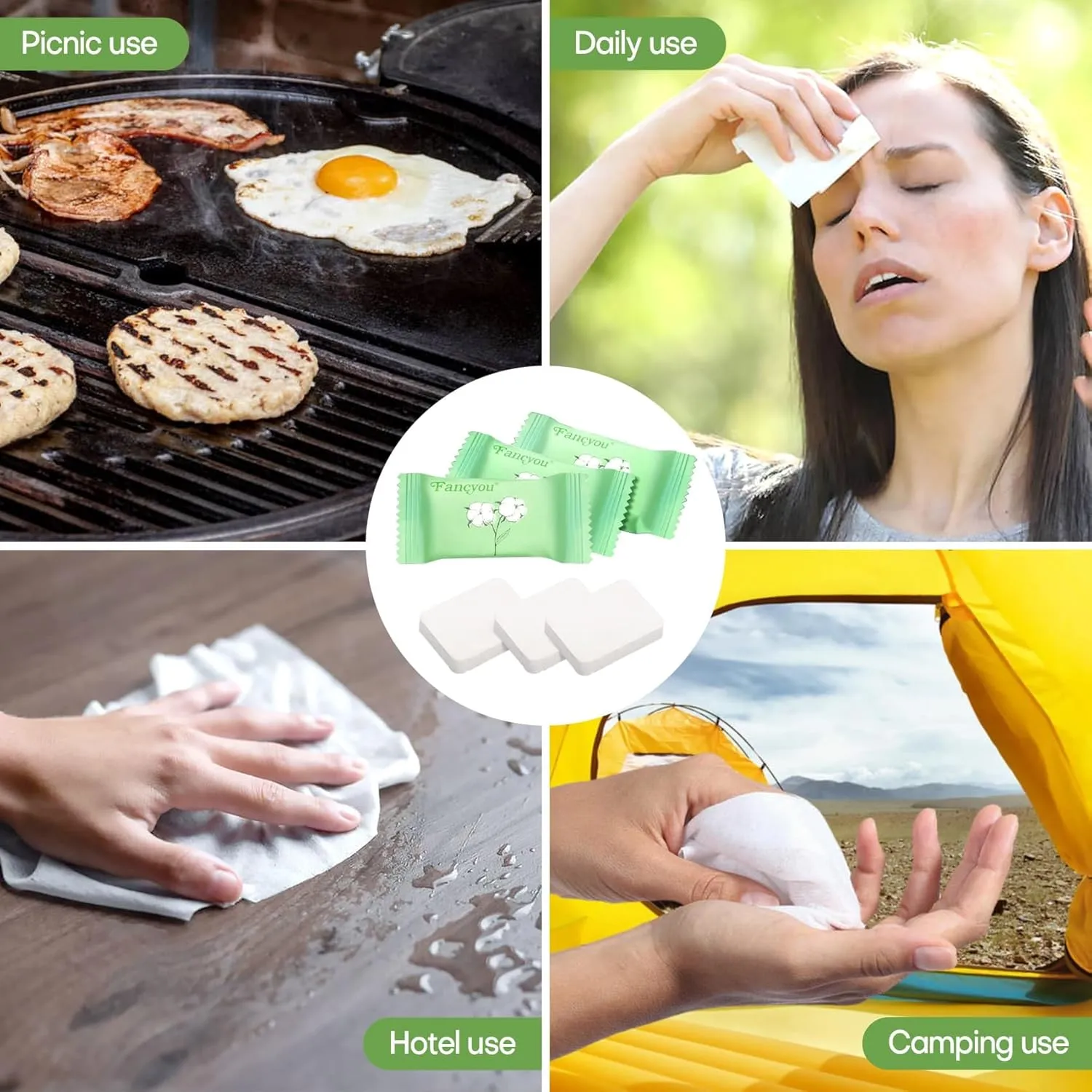 Large Compressed Disposable Face Towel, Thicken Washcloth Compact Portable Cotton Wipes Tablets, Facial Cleansing Cloths Towelettes for Travel Camping Hiking Outdoor Beauty Salon(50PCS Green)