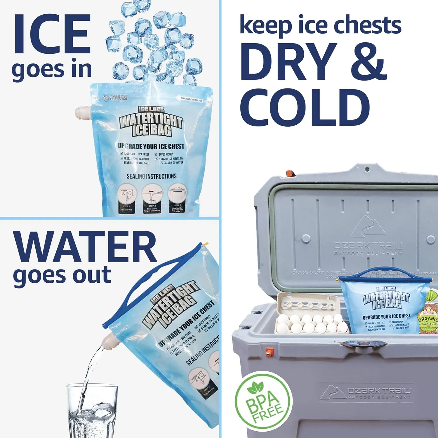Large Leakproof Ice Bag. Reusable Ice Pack for Cooler - Long Lasting Instant Cooler Ice Packs - Drop in Cubed Ice to Make Cold, Dry Freezer Packs for Coolers - Drink Your Ice When It Melts