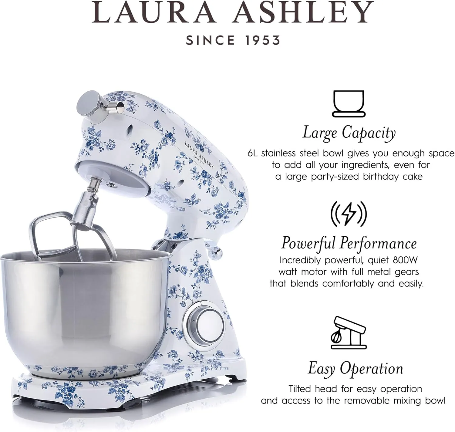 Laura Ashley China Rose 4.8 Quarts Electric Stand Mixer with Attachments - Easy to use Countertop with Bowl -Cake, Dough Mixer Machine with Dough Hook, Beater, Egg Whisk & Handy Splash Cover