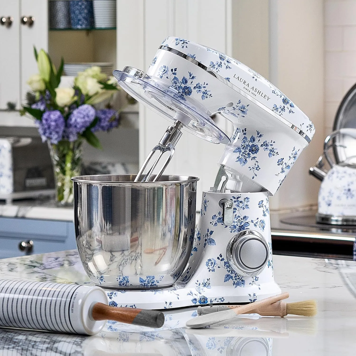 Laura Ashley China Rose 4.8 Quarts Electric Stand Mixer with Attachments - Easy to use Countertop with Bowl -Cake, Dough Mixer Machine with Dough Hook, Beater, Egg Whisk & Handy Splash Cover