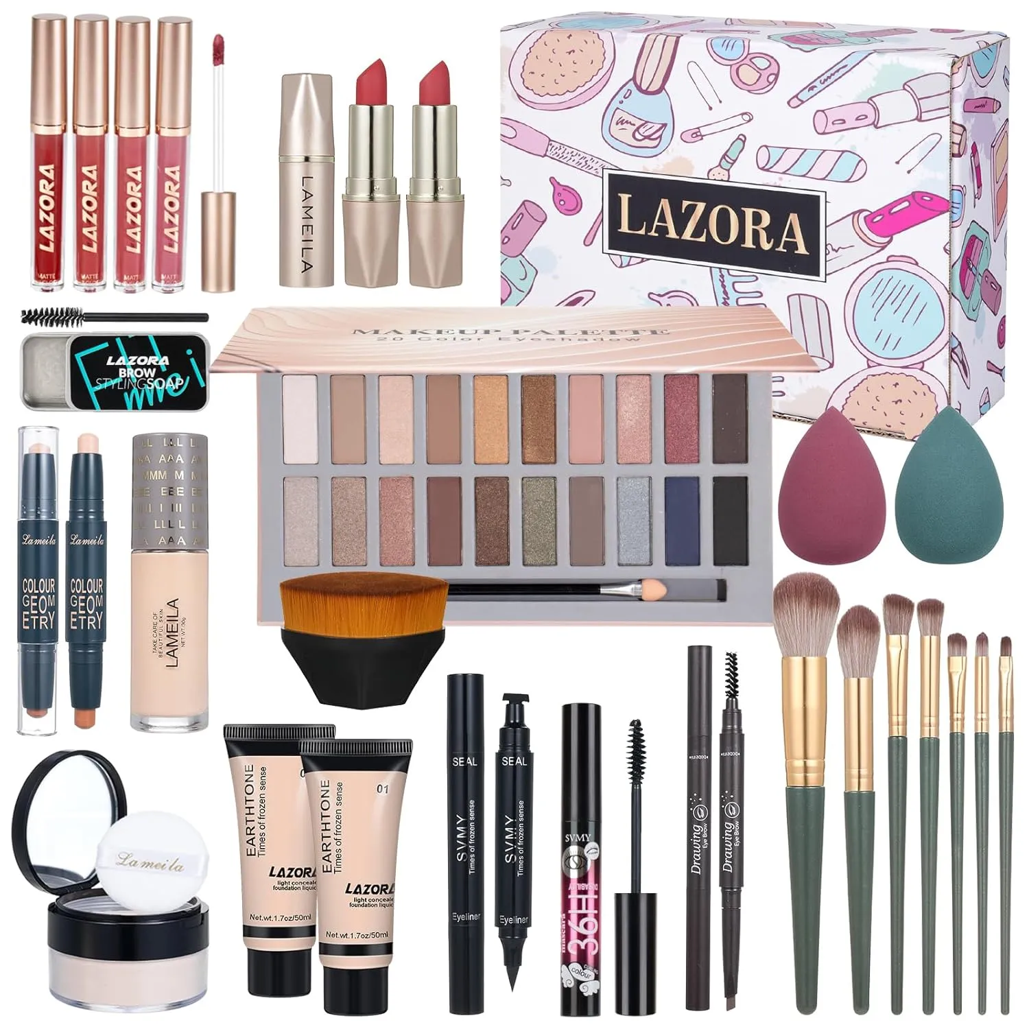LAZORA Makeup Kit for Women All in One Makeup Sets Makeup Kit for Women Full Kit Teens Makeup Essential Bundle Include 20 Color Eyeshadow Palette Set