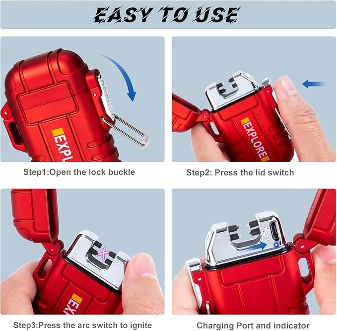 LcFun Arc Lighter Waterproof Windproof Rechargeable USB Plasma Flameless Electric Lighters with Lanyard Sports Fan Lighters for Survival, Tactical, EDC Gear, Camping (Red)