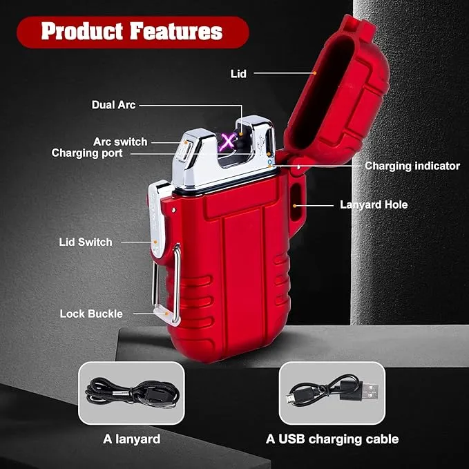 LcFun Arc Lighter Waterproof Windproof Rechargeable USB Plasma Flameless Electric Lighters with Lanyard Sports Fan Lighters for Survival, Tactical, EDC Gear, Camping (Red)