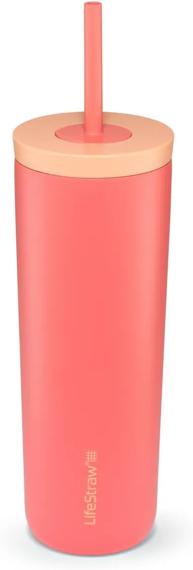 LifeStraw Go Series Tumbler – Double Wall Insulated Stainless Steel Water Filter, Apricot, Designed for Everyday Use, Removes Bacteria, Parasites, Microplastics, and Improves Taste