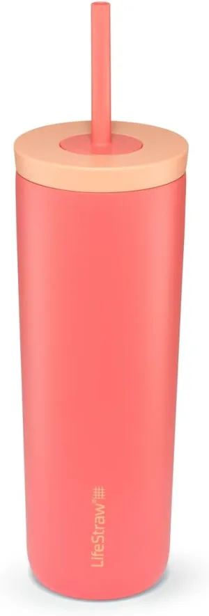 LifeStraw Go Series Tumbler – Double Wall Insulated Stainless Steel Water Filter, Apricot, Designed for Everyday Use, Removes Bacteria, Parasites, Microplastics, and Improves Taste