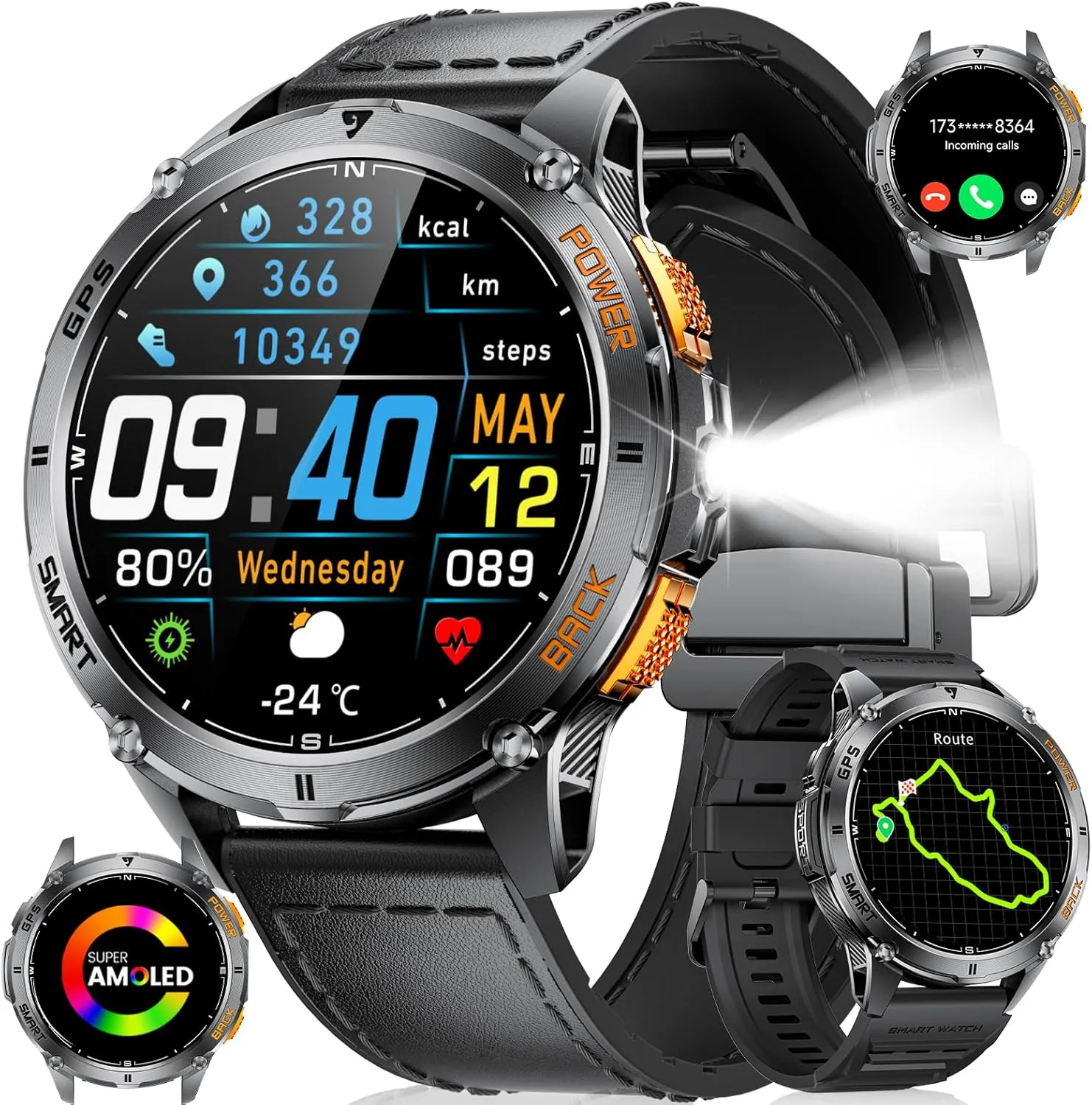 LIGE GPS Smart Watch for Men, Compass/LED Flashlight/6 Satellite Positioning/1.43" AMOLED Smartwatch, 100  Sports Mode Fitness Tracker Watch for Android iOS, IP68 Waterproof Watch for Swimming