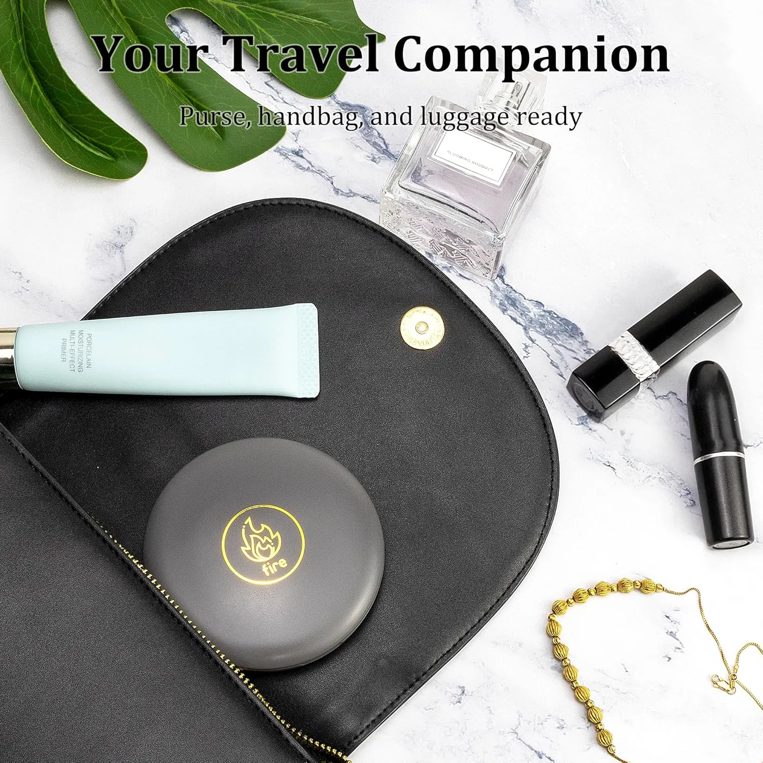 Lighted Compact Mirror – Fire Zodiac (Aries, Leo, Sagittarius) – Rechargeable Travel Makeup Mirror with 1x/5x Magnification – Charcoal Grey