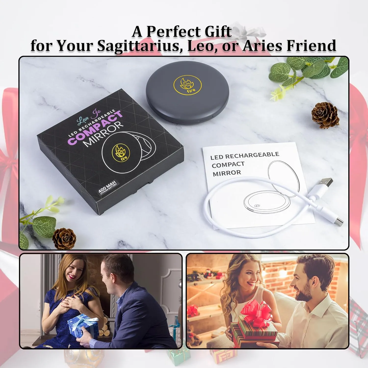Lighted Compact Mirror – Fire Zodiac (Aries, Leo, Sagittarius) – Rechargeable Travel Makeup Mirror with 1x/5x Magnification – Charcoal Grey