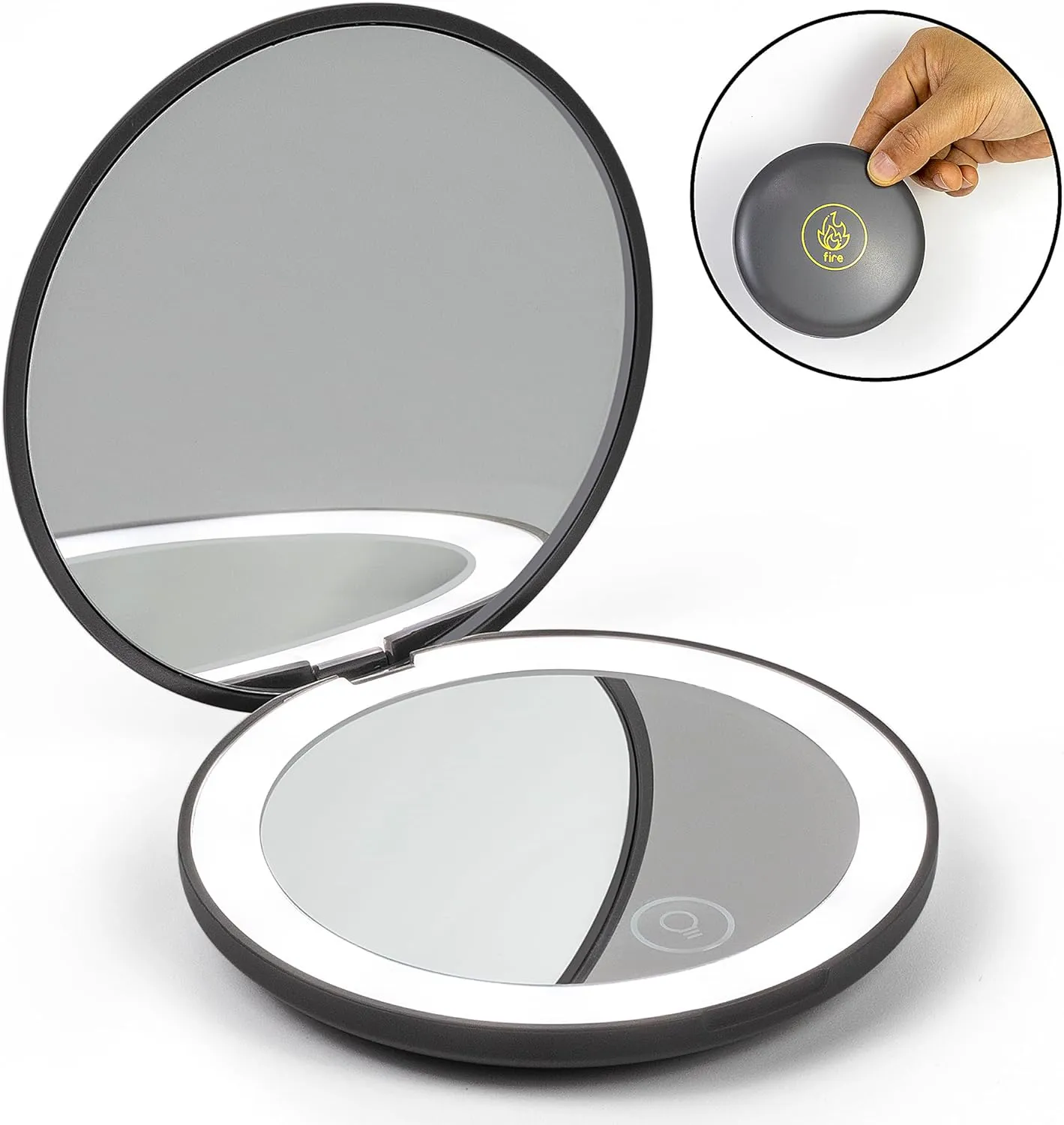 Lighted Compact Mirror – Fire Zodiac (Aries, Leo, Sagittarius) – Rechargeable Travel Makeup Mirror with 1x/5x Magnification – Charcoal Grey