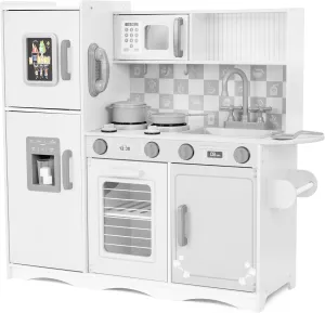 Lil' Jumbl Kids Kitchen Set, Pretend Wooden Play Kitchen with Chalk Board, Play Phone, Towel Rack & Ice Dispenser, Clicking Knobs, Pots & Utensils Included - White