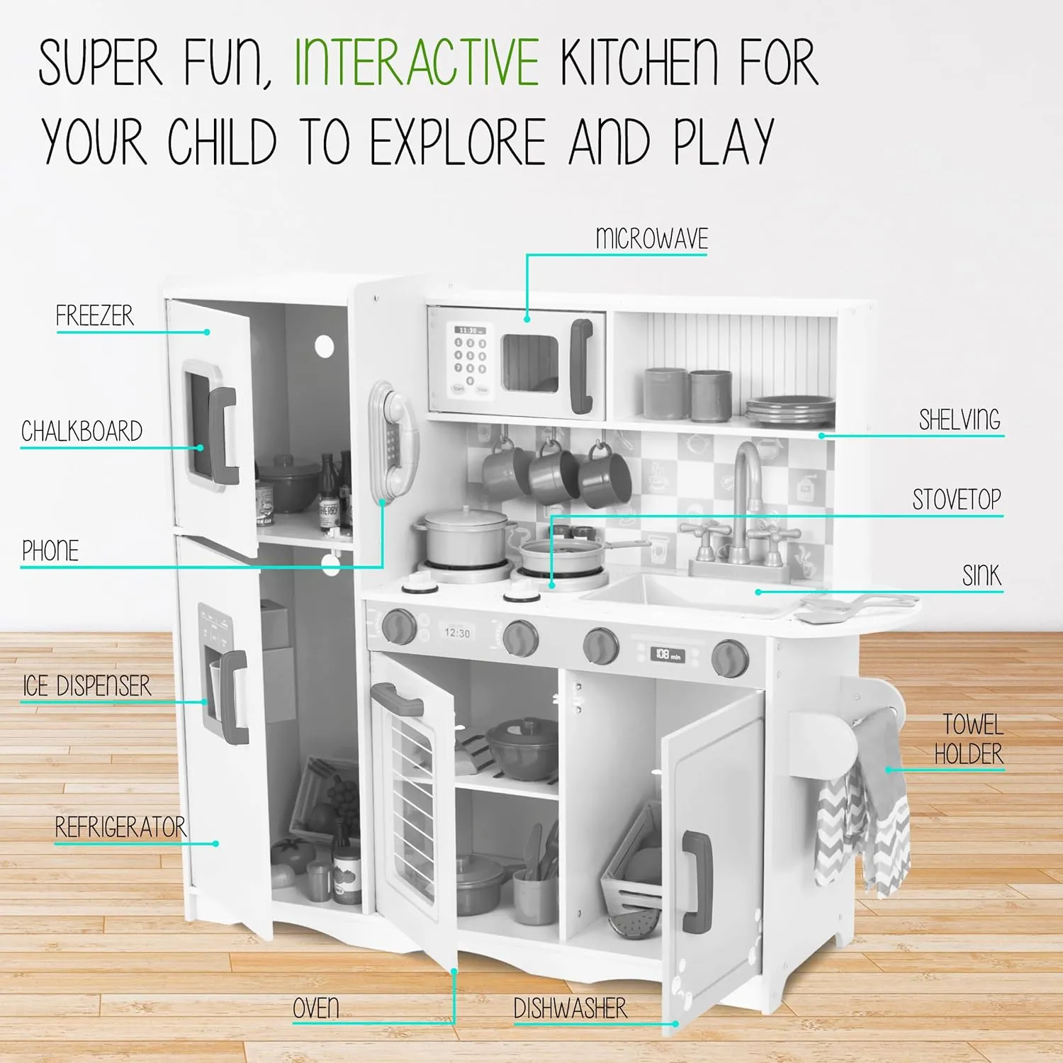 Lil' Jumbl Kids Kitchen Set, Pretend Wooden Play Kitchen with Chalk Board, Play Phone, Towel Rack & Ice Dispenser, Clicking Knobs, Pots & Utensils Included - White