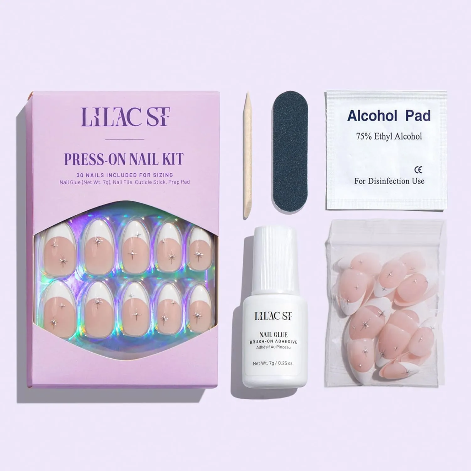 Lilac St - Press On Nails, Seeing Stars (30 Nails, 15 Sizes) - Medium, Almond, Glossy, Opaque - Brush-On Nail Glue, Nail File, Cuticle Stick, Prep Pad - Reusable - Cruelty Free, Vegan, Women Founded