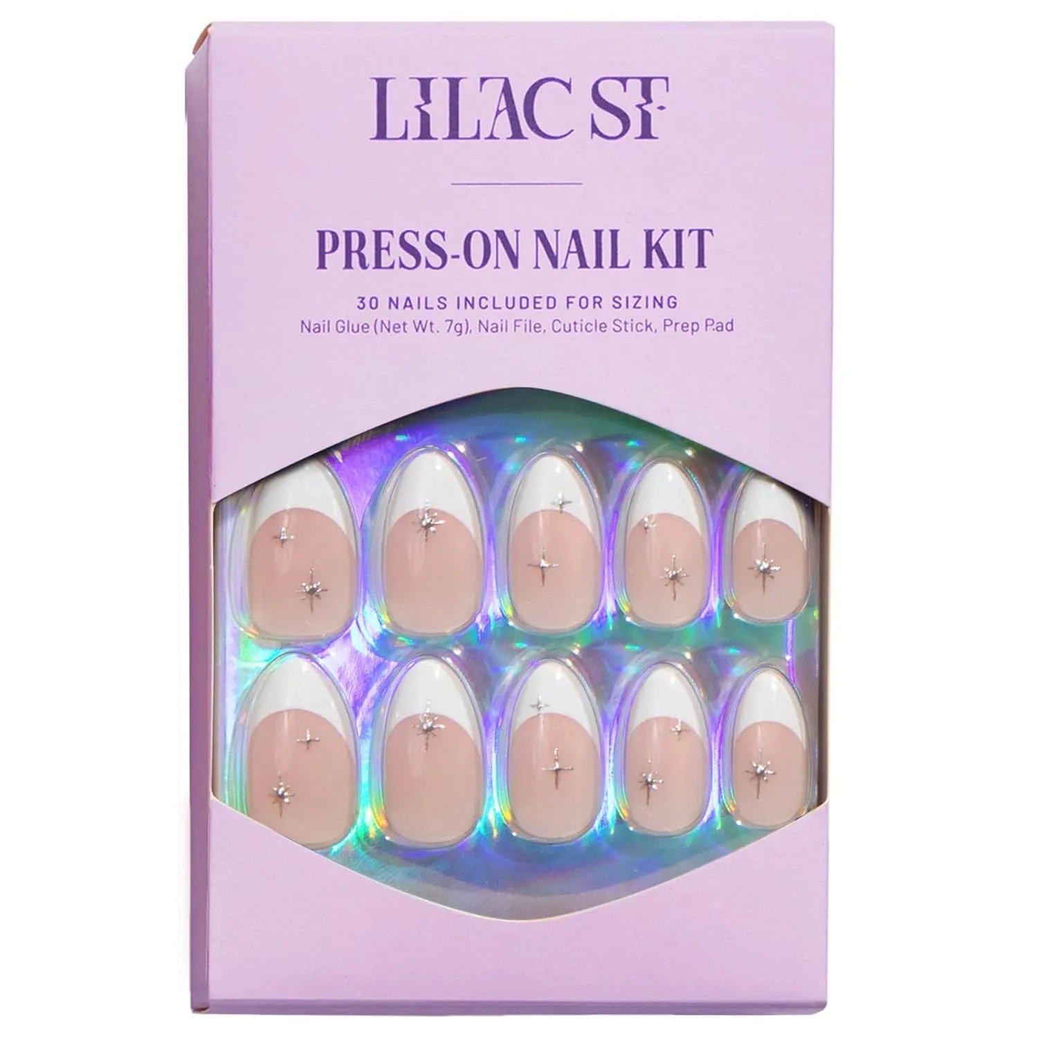 Lilac St - Press On Nails, Seeing Stars (30 Nails, 15 Sizes) - Medium, Almond, Glossy, Opaque - Brush-On Nail Glue, Nail File, Cuticle Stick, Prep Pad - Reusable - Cruelty Free, Vegan, Women Founded