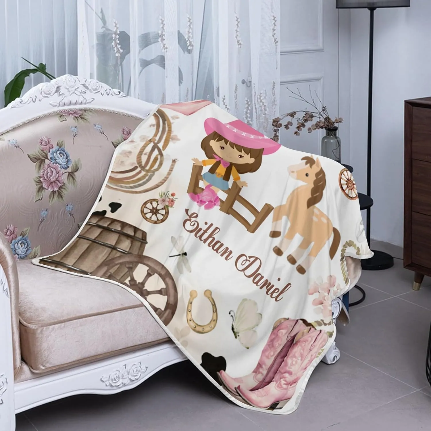 Little Cowgirl Rodeo Floral Horse Custom Cooling Throw Blanket for Hot Sleepers,Personalized Lightweight Summer Cool Blanket for Travel/Outdoor Ultra Cold Breathable,50x60Inch Gift