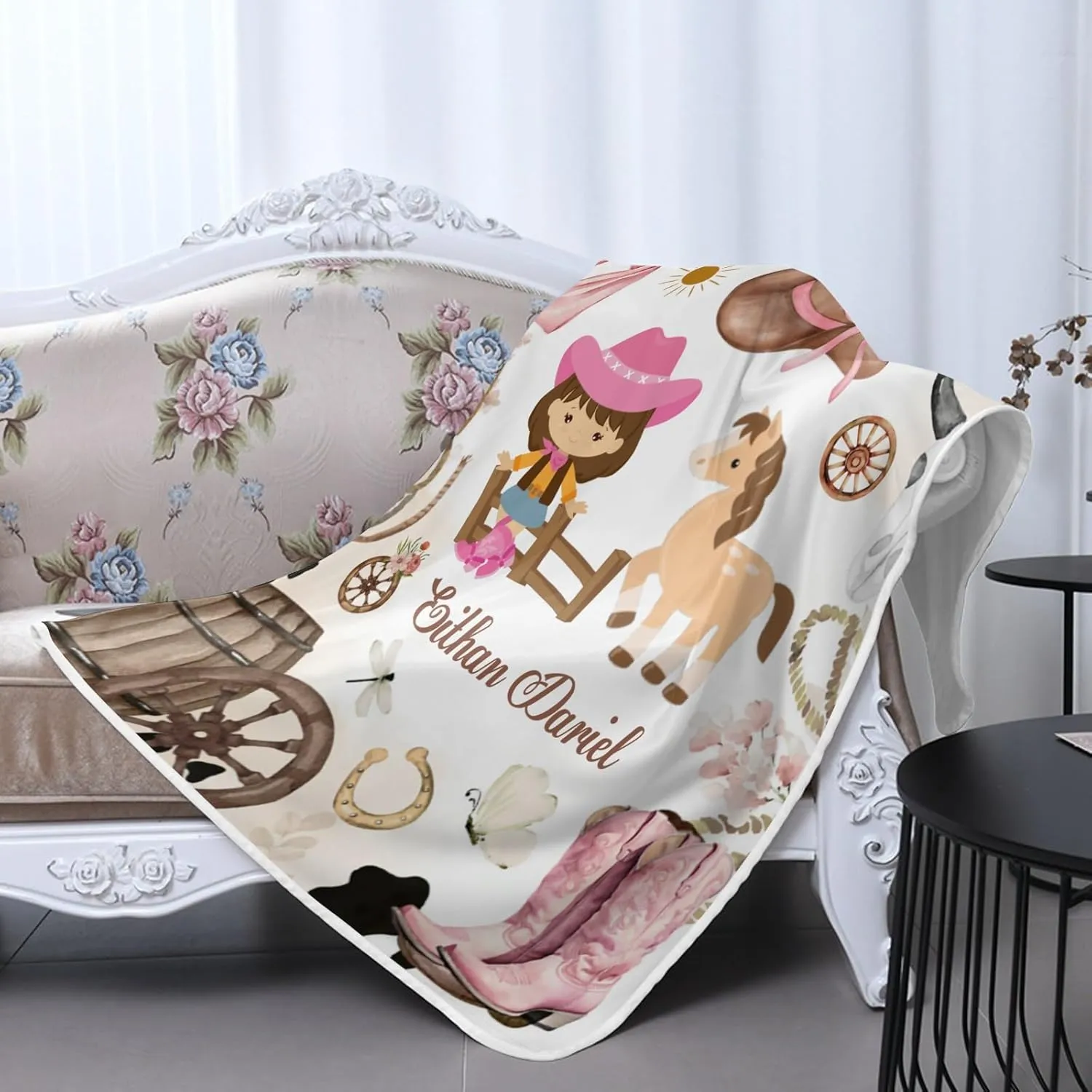 Little Cowgirl Rodeo Floral Horse Custom Cooling Throw Blanket for Hot Sleepers,Personalized Lightweight Summer Cool Blanket for Travel/Outdoor Ultra Cold Breathable,50x60Inch Gift