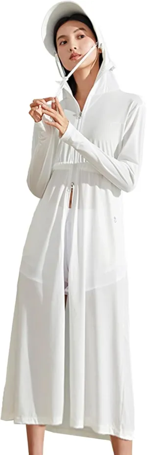 Long Women UPF 50  Sun Protection Hooded Ice Silk Coat with Pockets Hiking Outdoor Anti-UV Jacket