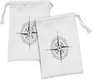 Lunarable Compass Fabric Pouch Set of 2, Wind Rose Old Fashion Navigational Equipments Orienteering Illustration Print, Small Drawstring Bag for Toiletries Masks and Favors, 9" x 6", Evergreen White