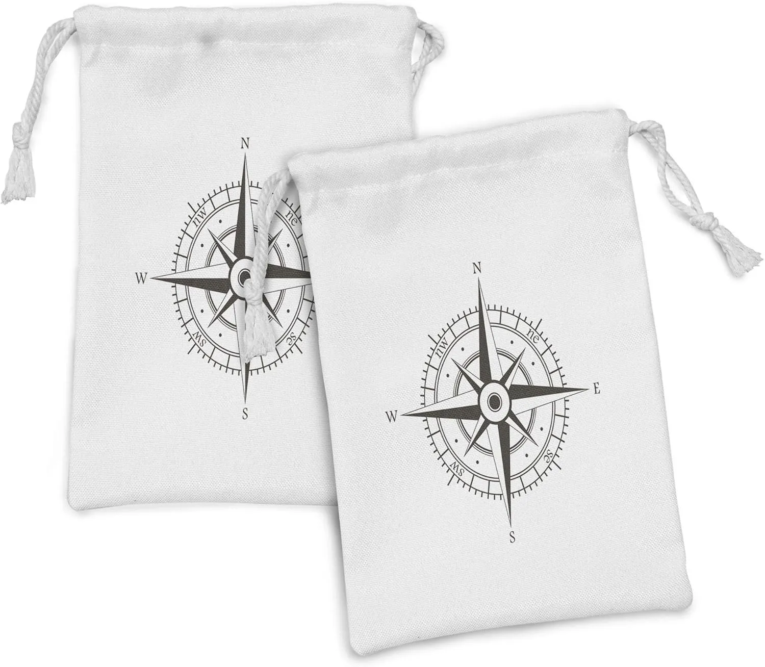 Lunarable Compass Fabric Pouch Set of 2, Wind Rose Old Fashion Navigational Equipments Orienteering Illustration Print, Small Drawstring Bag for Toiletries Masks and Favors, 9" x 6", Evergreen White