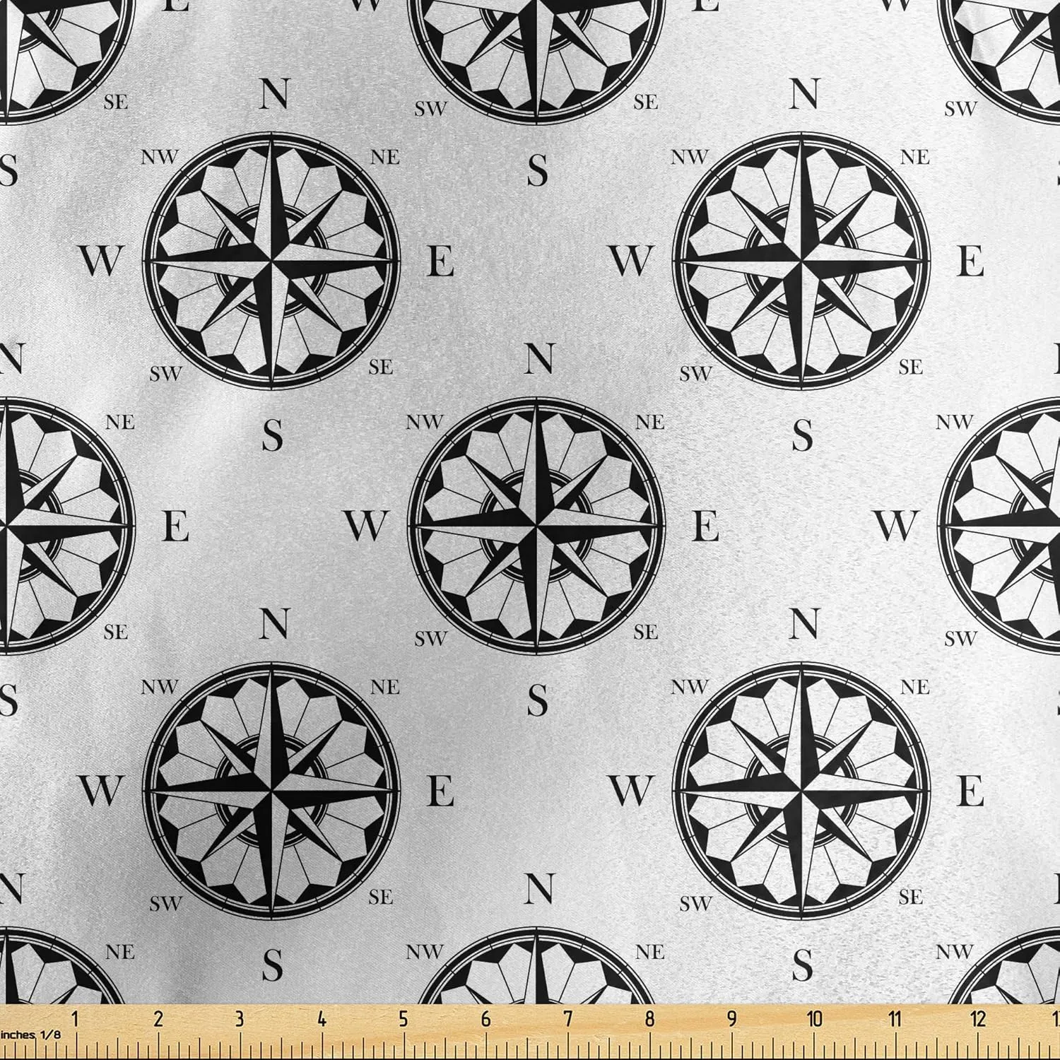 Lunarable Nautical Fabric by The Yard, Retro Compass and Wind Rose Traveling Navigation Exploring Theme Monochrome Image, Decorative Satin Fabric for Home Textiles and Crafts, 1 Yard, Black Cream