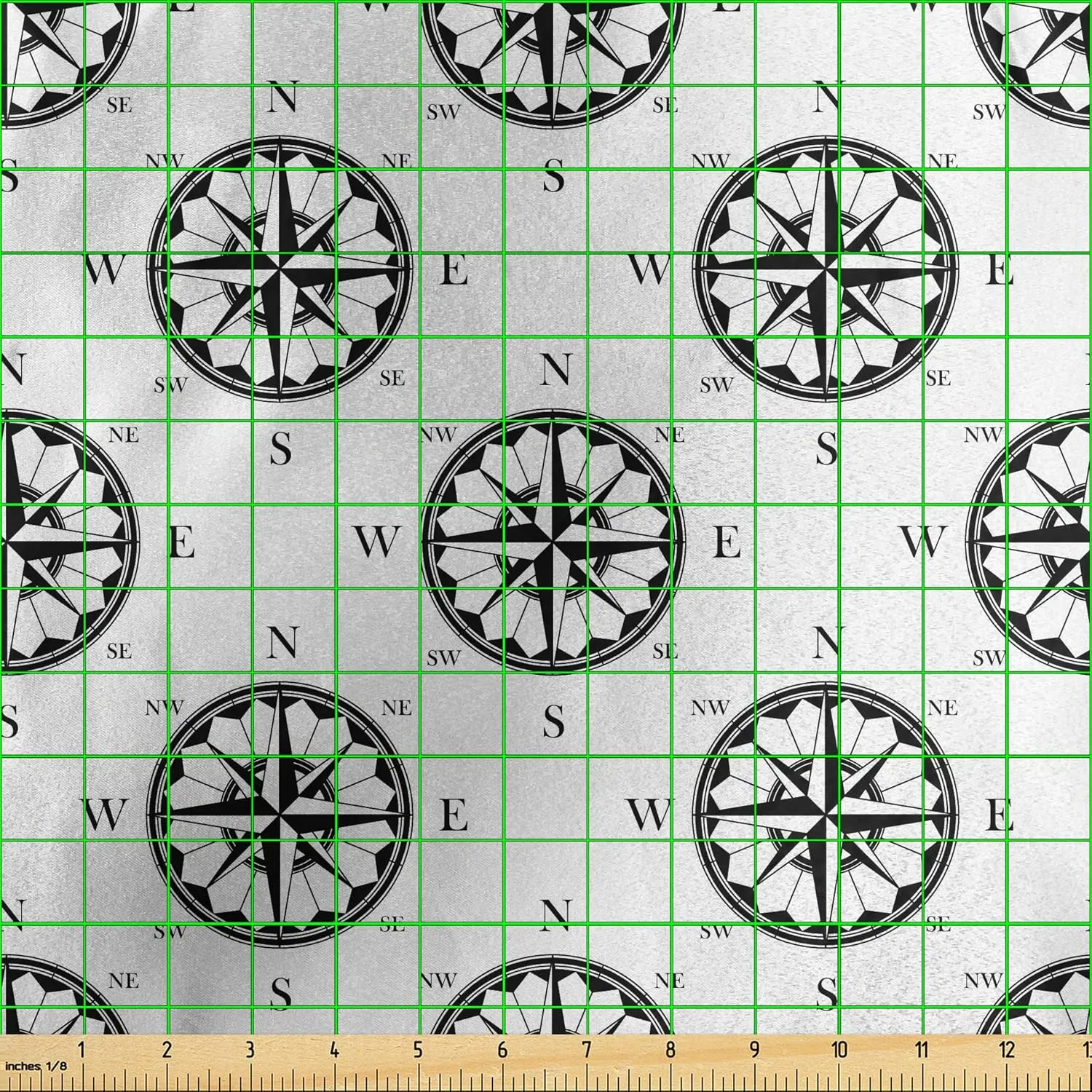 Lunarable Nautical Fabric by The Yard, Retro Compass and Wind Rose Traveling Navigation Exploring Theme Monochrome Image, Decorative Satin Fabric for Home Textiles and Crafts, 1 Yard, Black Cream