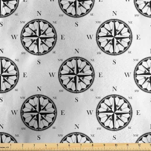 Lunarable Nautical Fabric by The Yard, Retro Compass and Wind Rose Traveling Navigation Exploring Theme Monochrome Image, Decorative Satin Fabric for Home Textiles and Crafts, 1 Yard, Black Cream