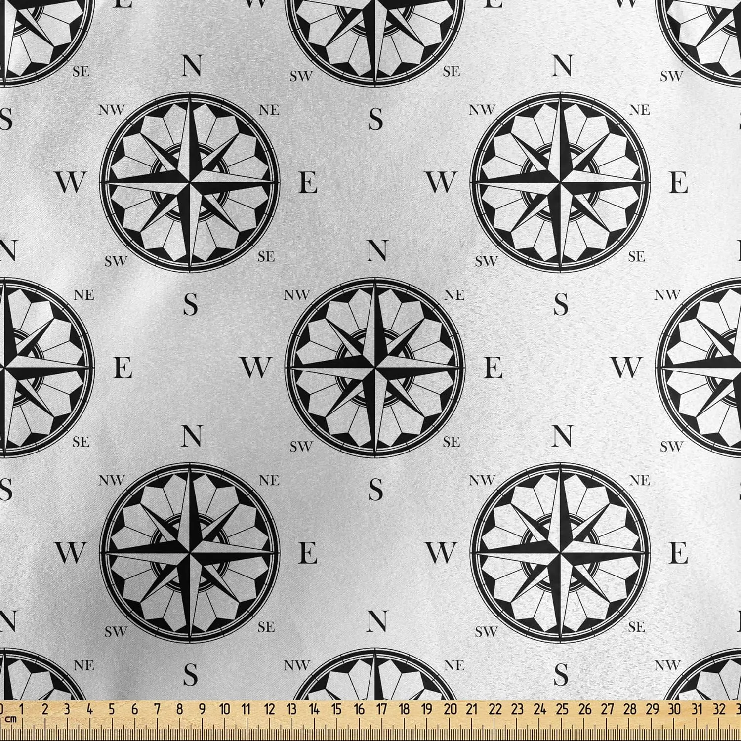 Lunarable Nautical Fabric by The Yard, Retro Compass and Wind Rose Traveling Navigation Exploring Theme Monochrome Image, Decorative Satin Fabric for Home Textiles and Crafts, 1 Yard, Black Cream