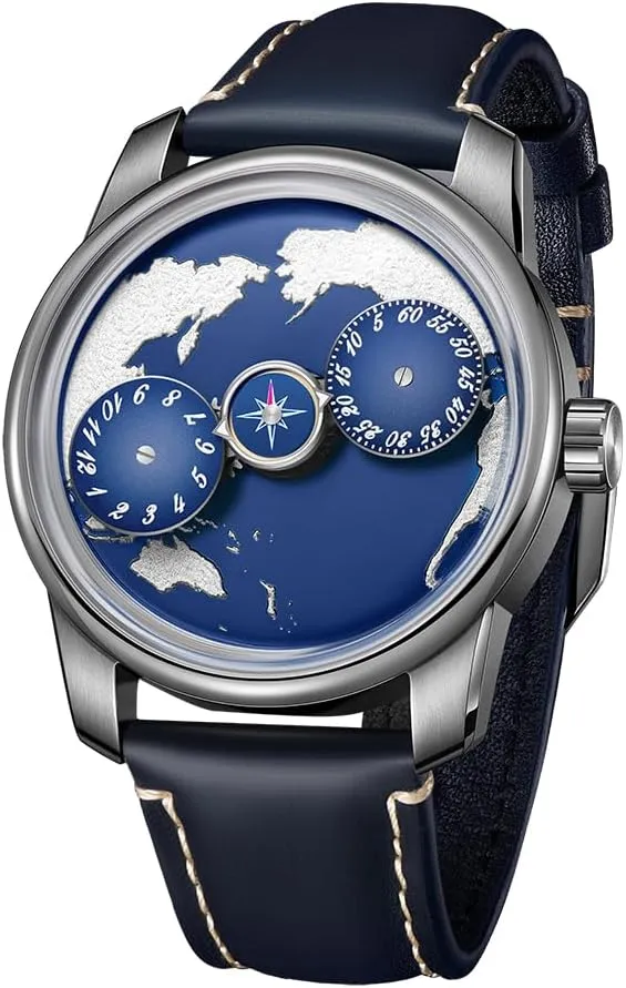 Luxury Designer Mens Earth Dial Leather Automatic Watch Three Wheels Stainless Steel Case Blue Luminous Leather Mechanical Wristwatch JM-Earth
