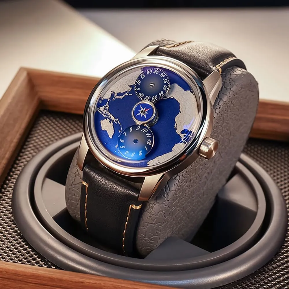 Luxury Designer Mens Earth Dial Leather Automatic Watch Three Wheels Stainless Steel Case Blue Luminous Leather Mechanical Wristwatch JM-Earth