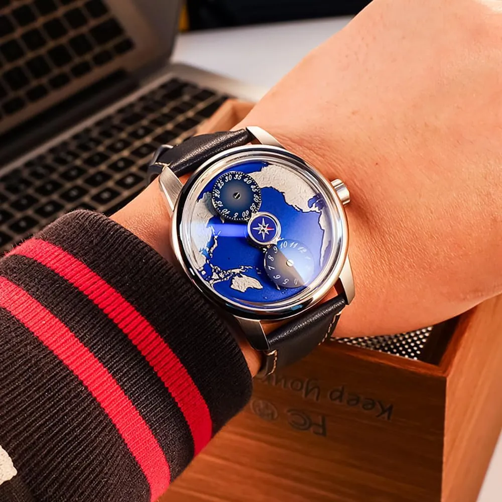 Luxury Designer Mens Earth Dial Leather Automatic Watch Three Wheels Stainless Steel Case Blue Luminous Leather Mechanical Wristwatch JM-Earth
