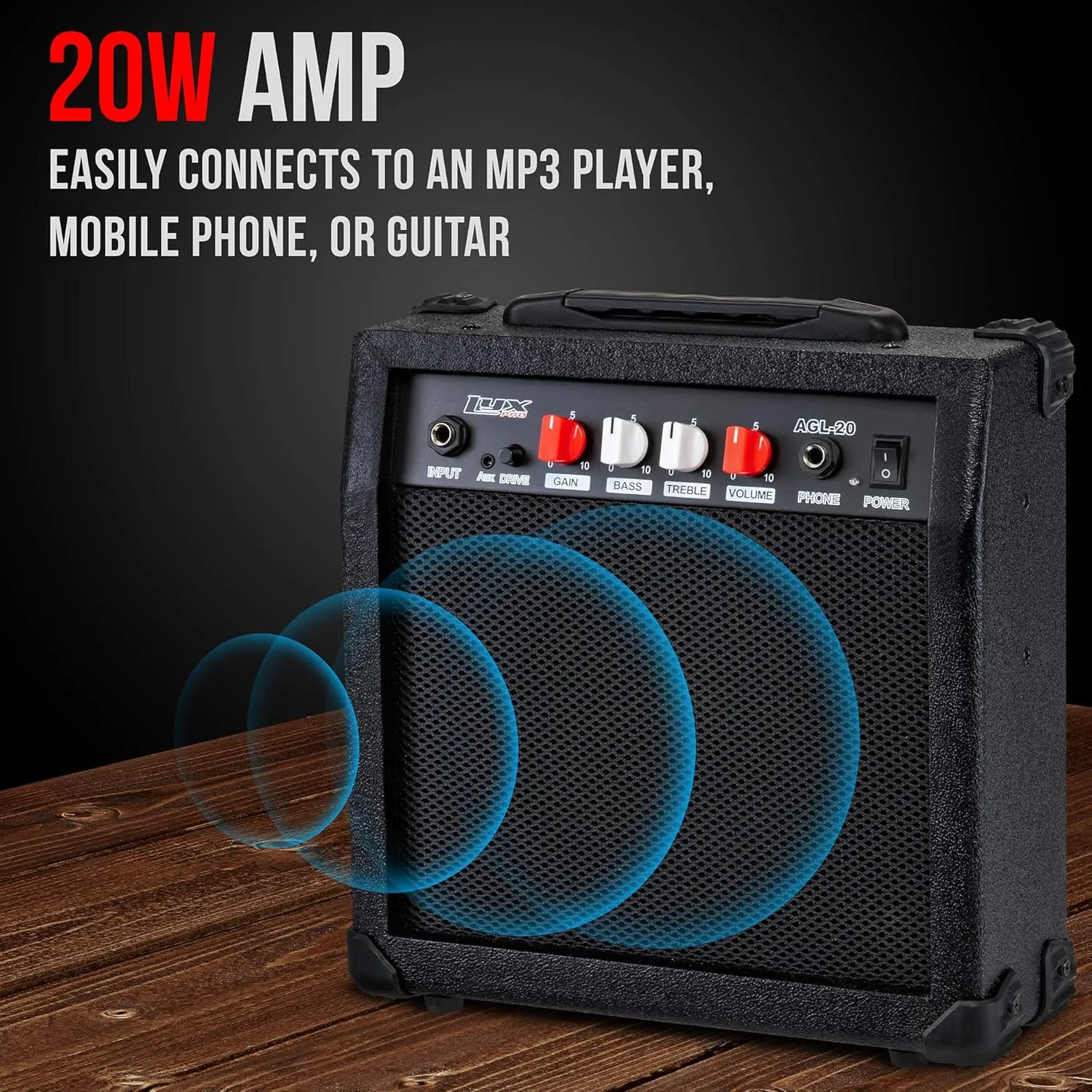 LyxPro Electric Guitar Amp 20 Watt Amplifier Built in Speaker Headphone Jack and Aux Input Includes Gain Bass Treble Volume and Grind - Black