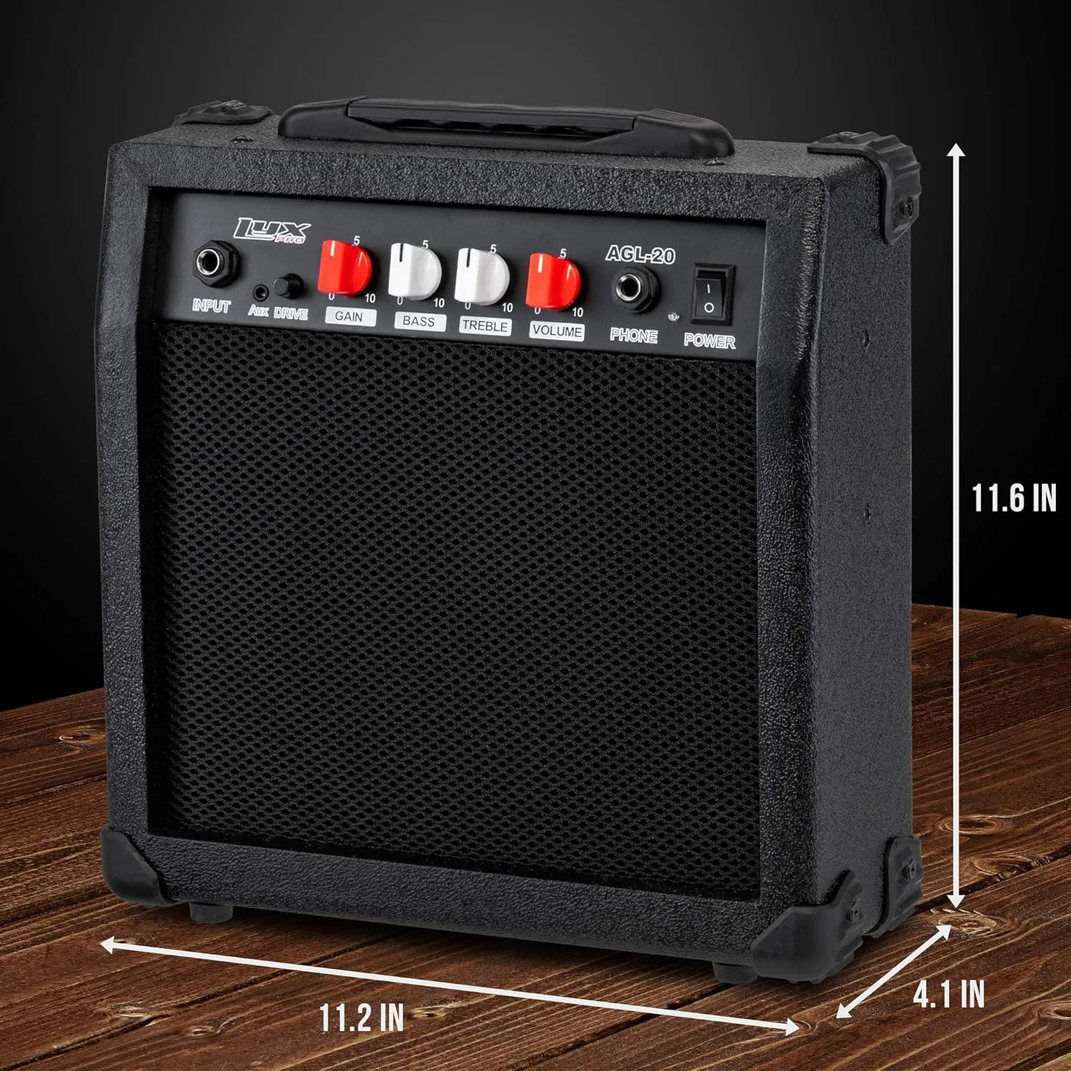 LyxPro Electric Guitar Amp 20 Watt Amplifier Built in Speaker Headphone Jack and Aux Input Includes Gain Bass Treble Volume and Grind - Black
