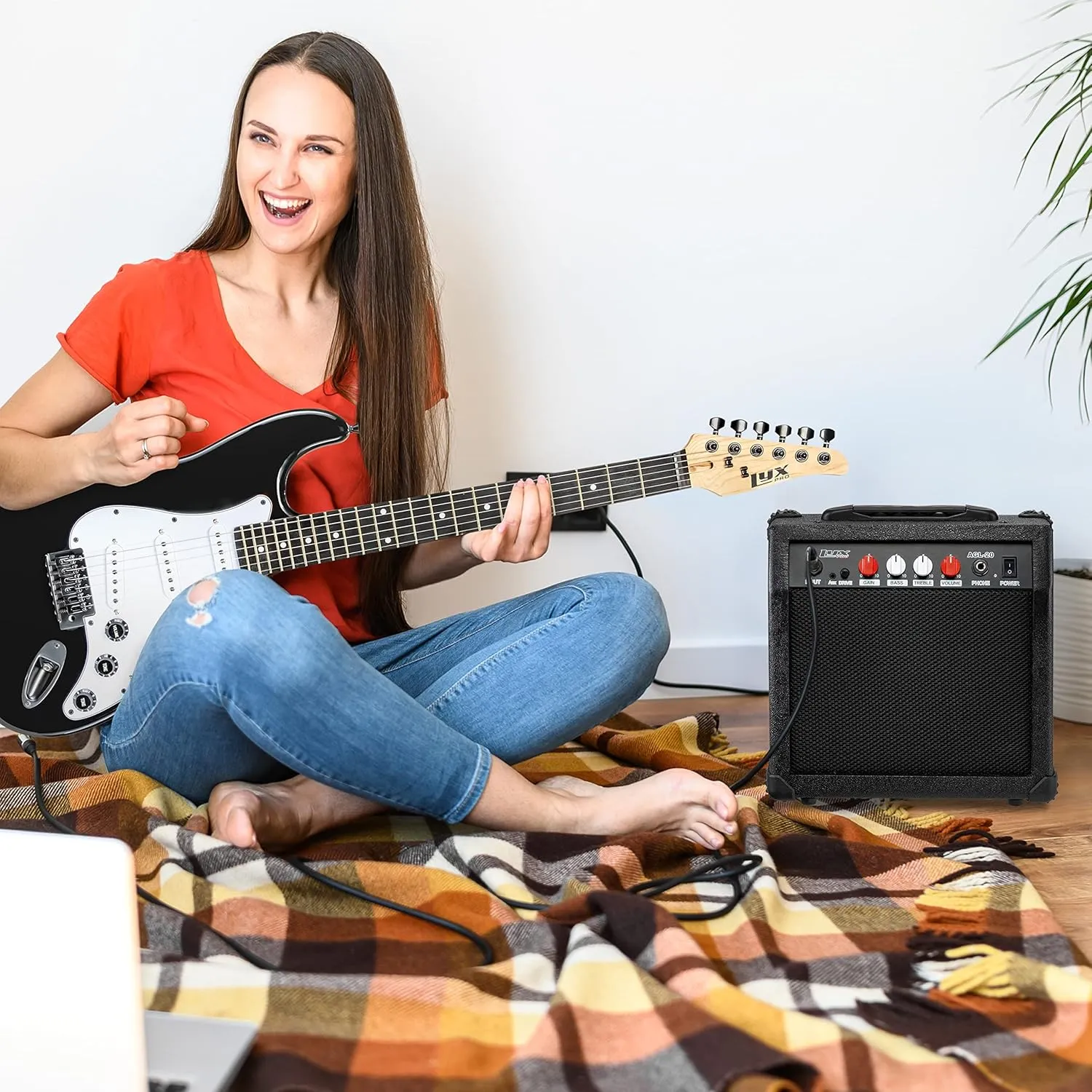 LyxPro Electric Guitar Amp 20 Watt Amplifier Built in Speaker Headphone Jack and Aux Input Includes Gain Bass Treble Volume and Grind - Black