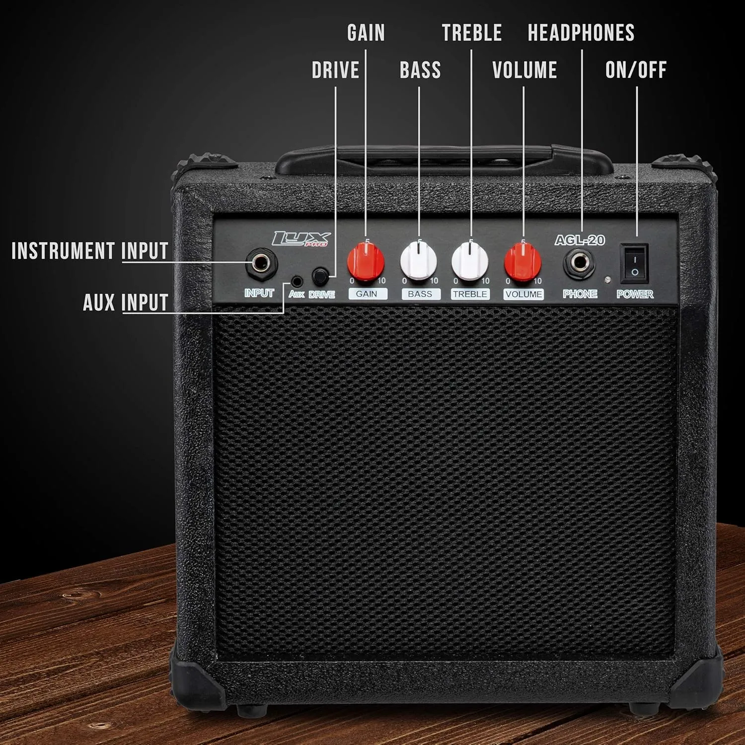 LyxPro Electric Guitar Amp 20 Watt Amplifier Built in Speaker Headphone Jack and Aux Input Includes Gain Bass Treble Volume and Grind - Black