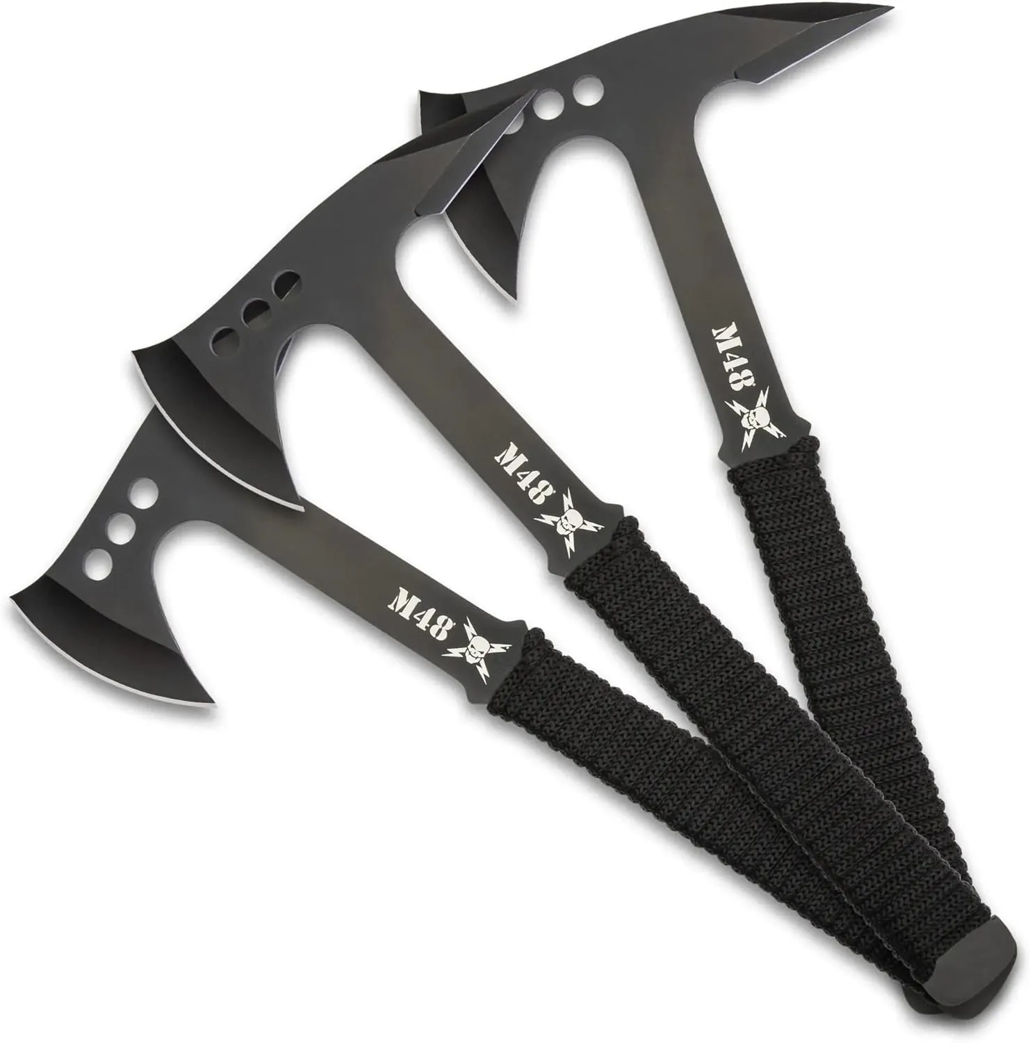M48 Pro Throwing Axe Set and Sheath - Three-Pieces, 3cr13 Stainless Steel Blade, Cord-Wrapped Handles - Length 10 3/4”