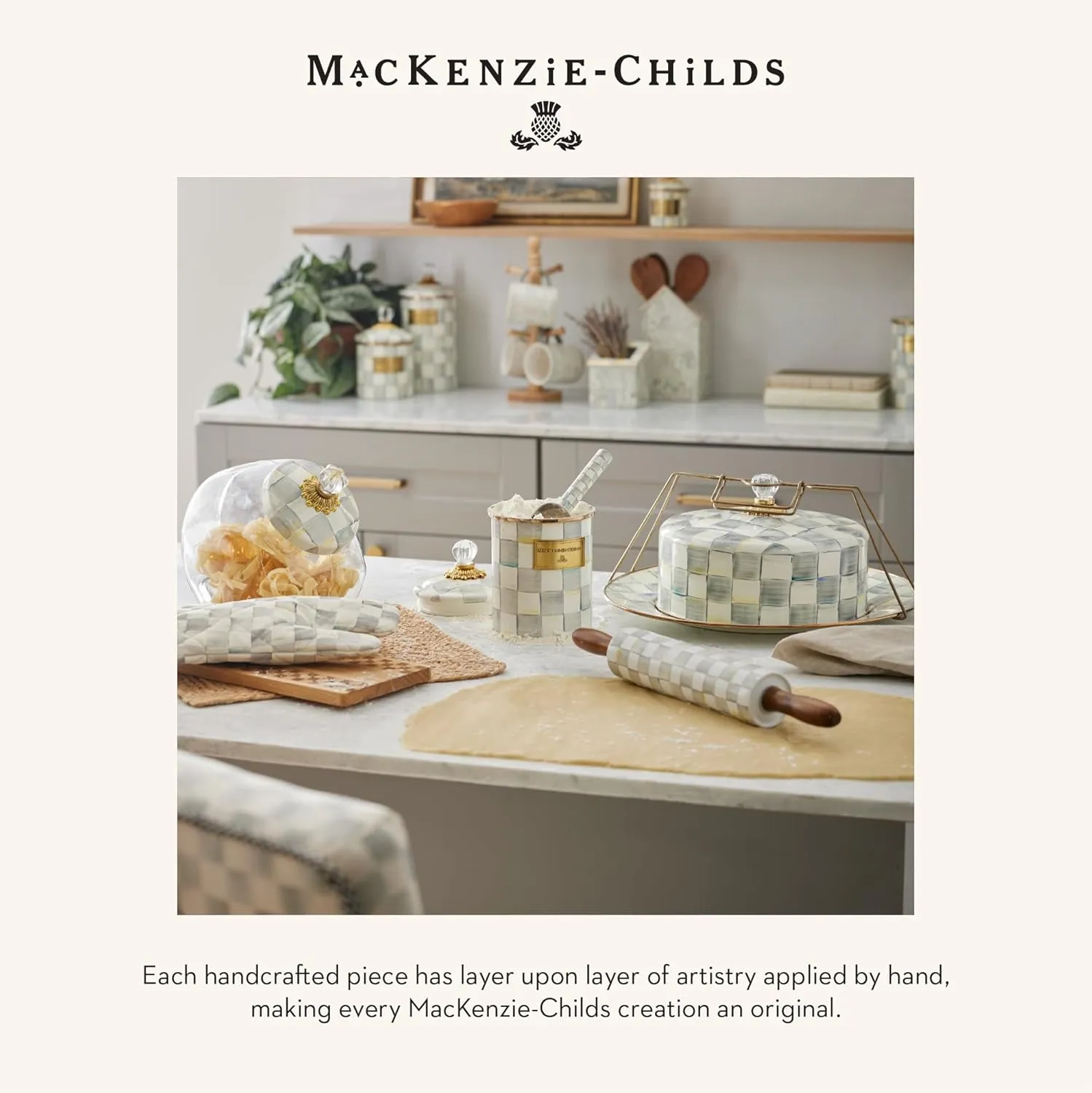MACKENZIE-CHILDS Enamel Bowl, Serving Bowl for Entertaining, Everything Bowl, Gray-and-White Sterling Check