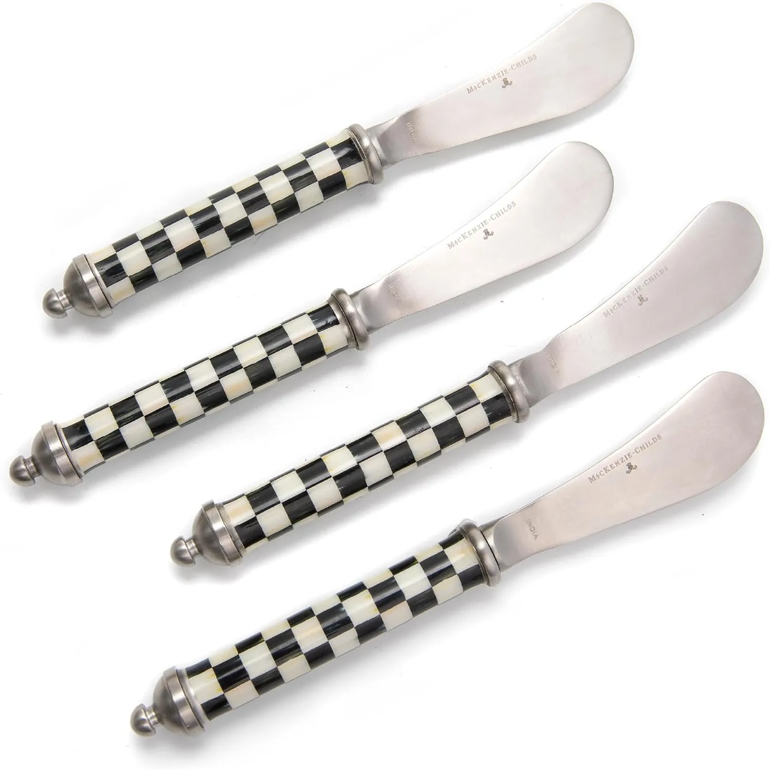 MACKENZIE-CHILDS Supper Club Spreader Set, Stainless-Steel Butter Spreaders, Charcuterie Accessories, Set of 4, Black-and-White Courtly Check