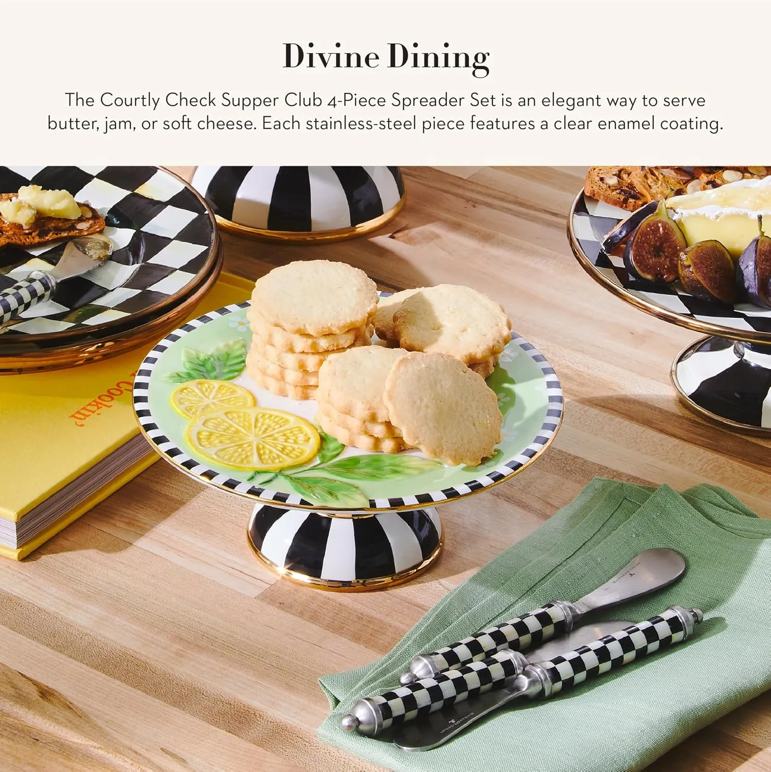 MACKENZIE-CHILDS Supper Club Spreader Set, Stainless-Steel Butter Spreaders, Charcuterie Accessories, Set of 4, Black-and-White Courtly Check