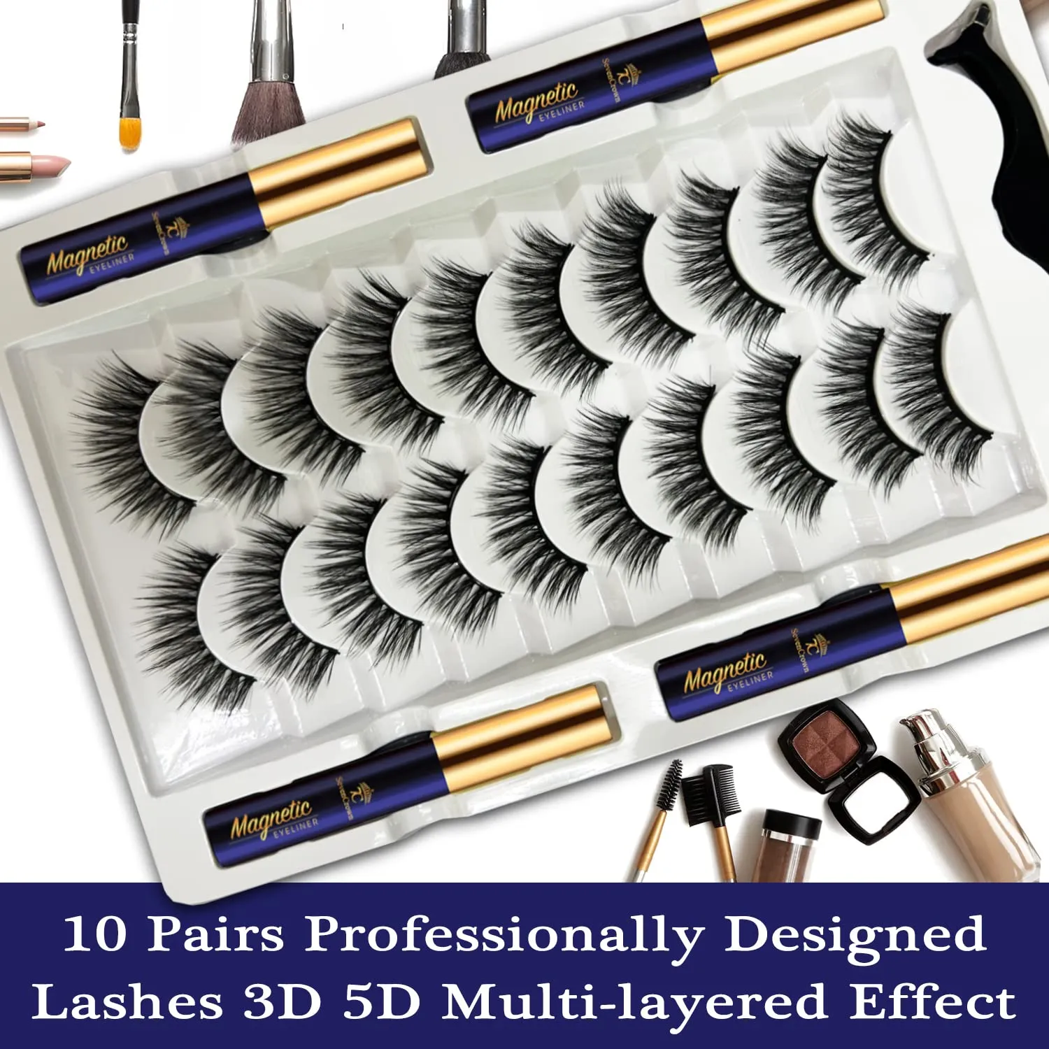 Magnetic Eyelashes 7C SevenCrown 10 Pairs Cat-Eye Magnetic Lashes with Liner,Natural Look,Reusable Magnet False Eyelashes Cruelty Free. Easy to Apply.