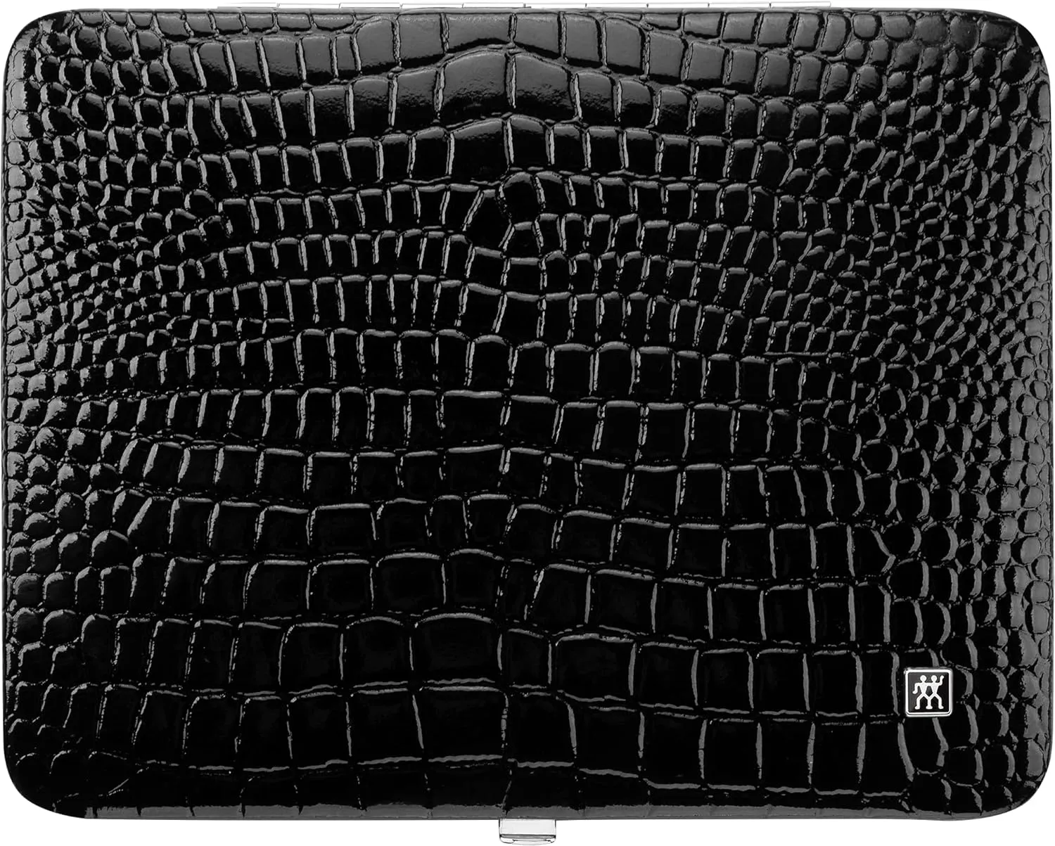Manicure Set (10 piece, complete set for fingernails and toenails, genuine leather case with metal frame), Polished Stainless Steel, Crocodile Edition, Black