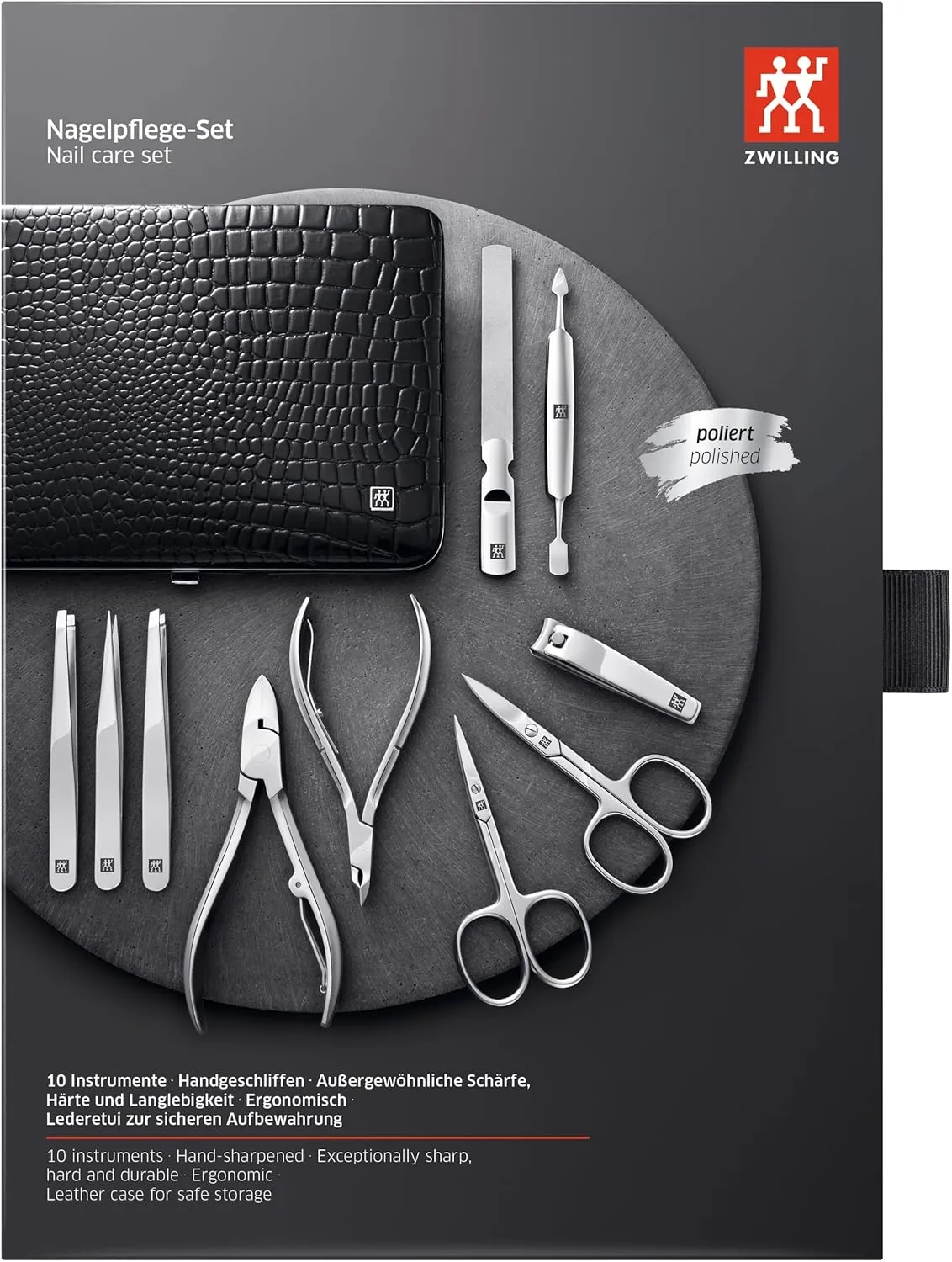 Manicure Set (10 piece, complete set for fingernails and toenails, genuine leather case with metal frame), Polished Stainless Steel, Crocodile Edition, Black