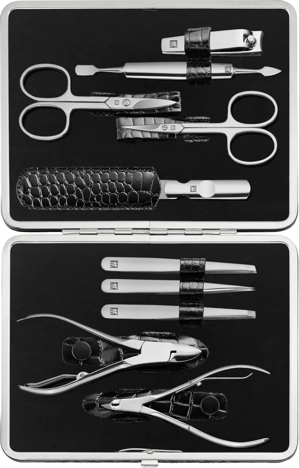 Manicure Set (10 piece, complete set for fingernails and toenails, genuine leather case with metal frame), Polished Stainless Steel, Crocodile Edition, Black