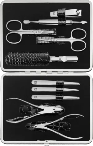 Manicure Set (10 piece, complete set for fingernails and toenails, genuine leather case with metal frame), Polished Stainless Steel, Crocodile Edition, Black