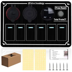 Marine Boat Rocker Switch Panel,Waterproof 6 Gang Toggle Switch Panel with Dual USB and Voltmeter Panel for RVs, Cars, Boats, Trucks,Trailers - 12-24V (Black, 6 Gang)
