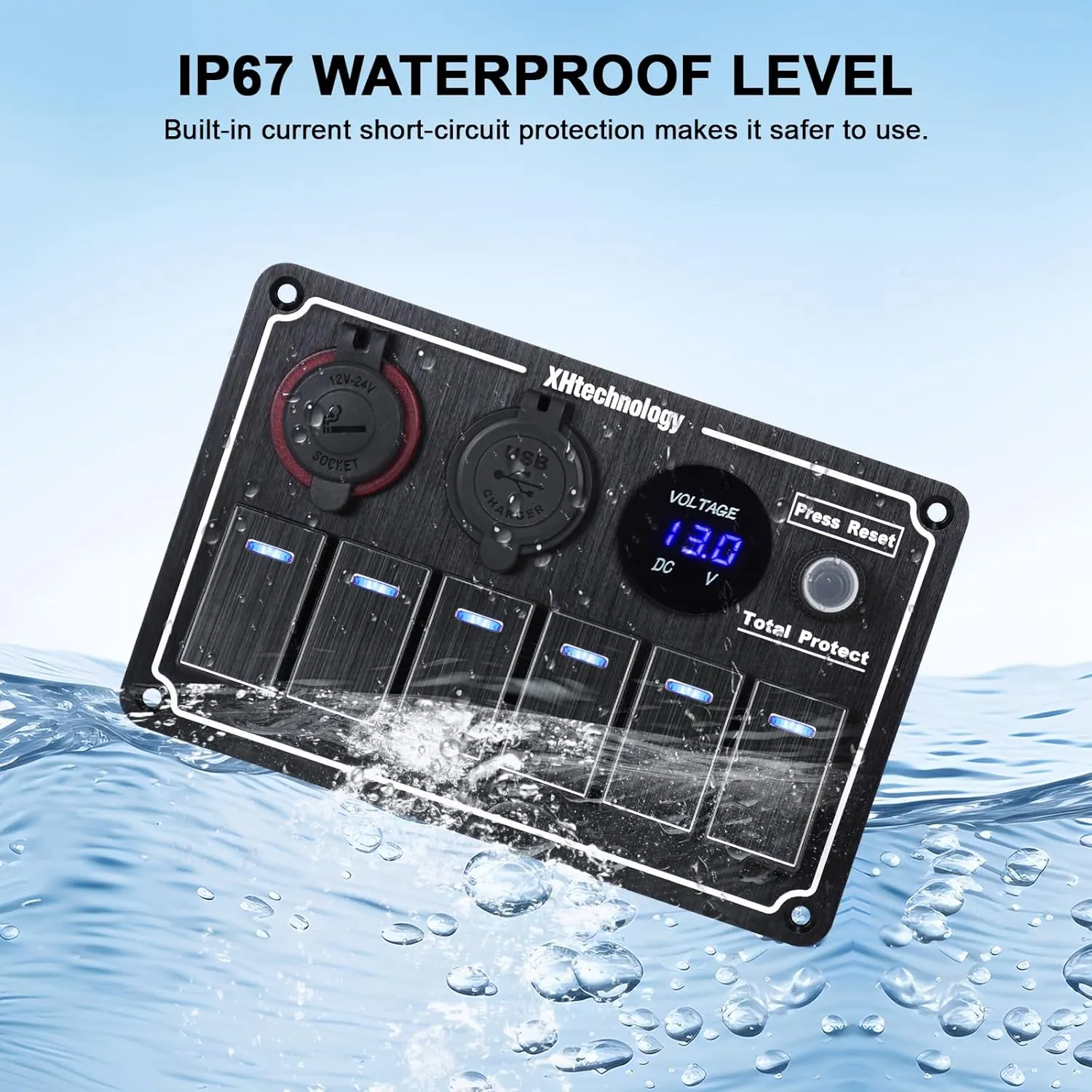 Marine Boat Rocker Switch Panel,Waterproof 6 Gang Toggle Switch Panel with Dual USB and Voltmeter Panel for RVs, Cars, Boats, Trucks,Trailers - 12-24V (Black, 6 Gang)