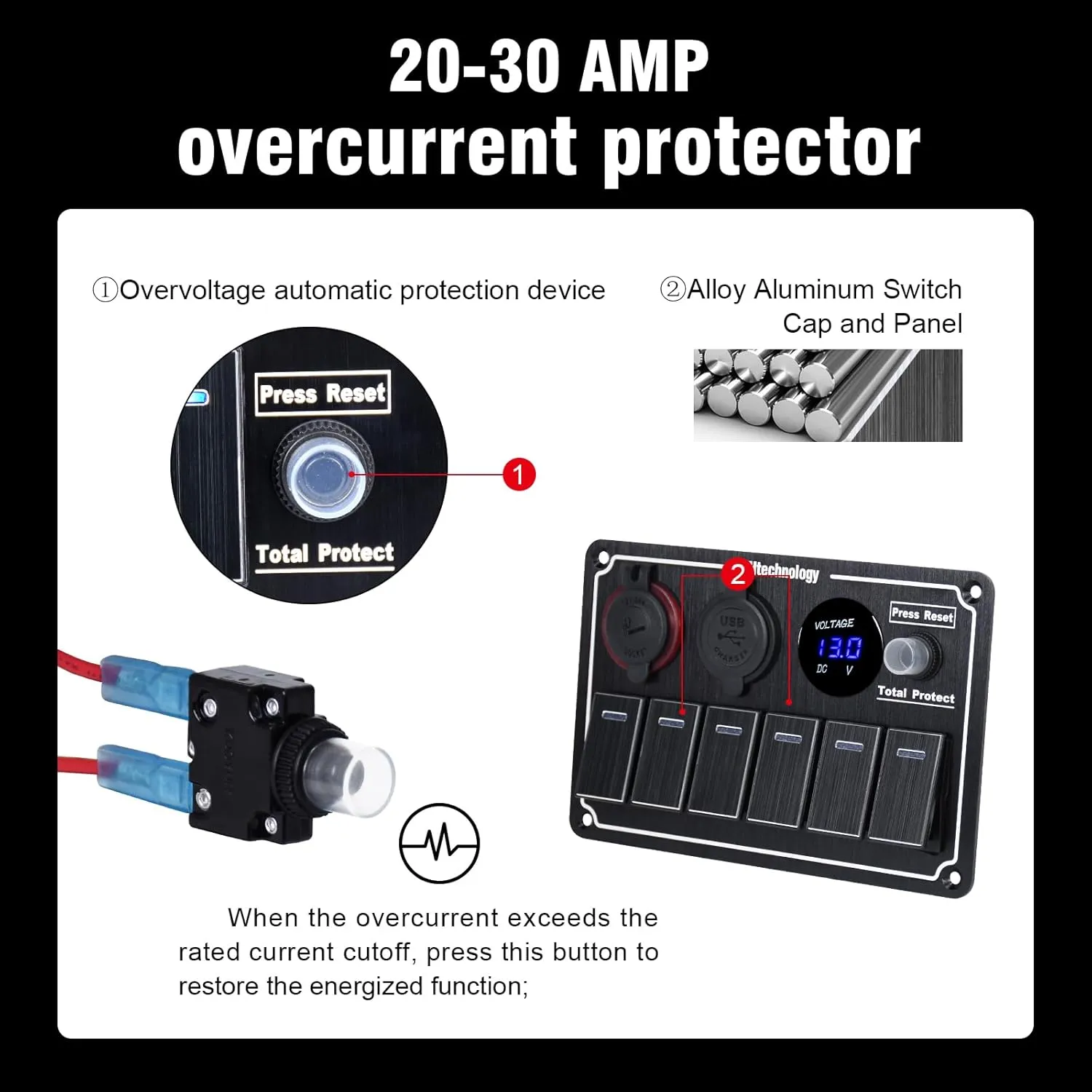 Marine Boat Rocker Switch Panel,Waterproof 6 Gang Toggle Switch Panel with Dual USB and Voltmeter Panel for RVs, Cars, Boats, Trucks,Trailers - 12-24V (Black, 6 Gang)