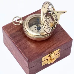 Marine Sundial Compass with Nautical Solid Wooden Box Vintage Brass Ship Navigate Device Nautical Gift Collection