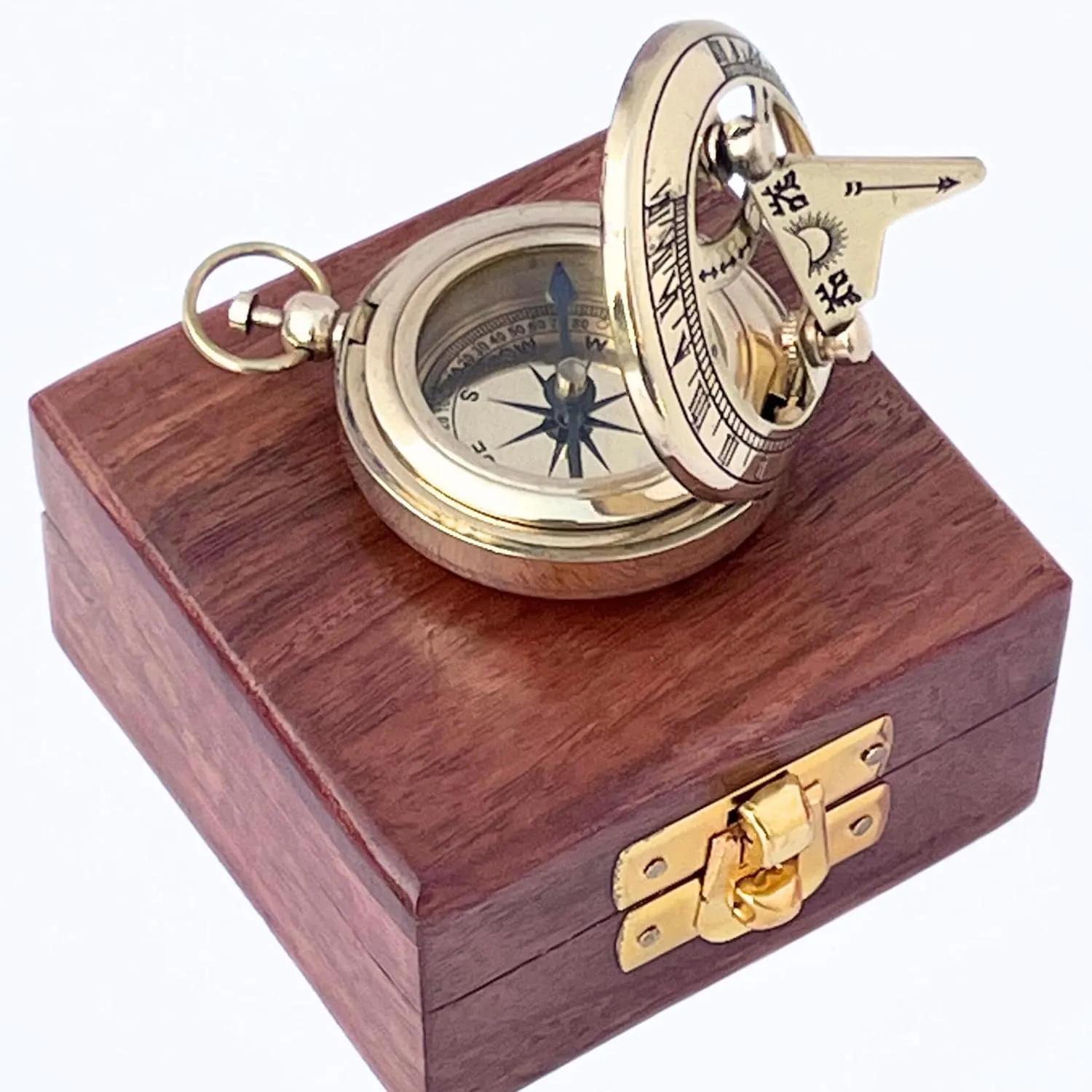 Marine Sundial Compass with Nautical Solid Wooden Box Vintage Brass Ship Navigate Device Nautical Gift Collection