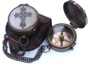 MARY NAUTICAL- Pocket Compass with Leather Pouch| Religious Jesus Gifts Compass Engraved Cross Ideal Gifts for Christmas, Baptism, Graduation, First Communion Gifts for Boys