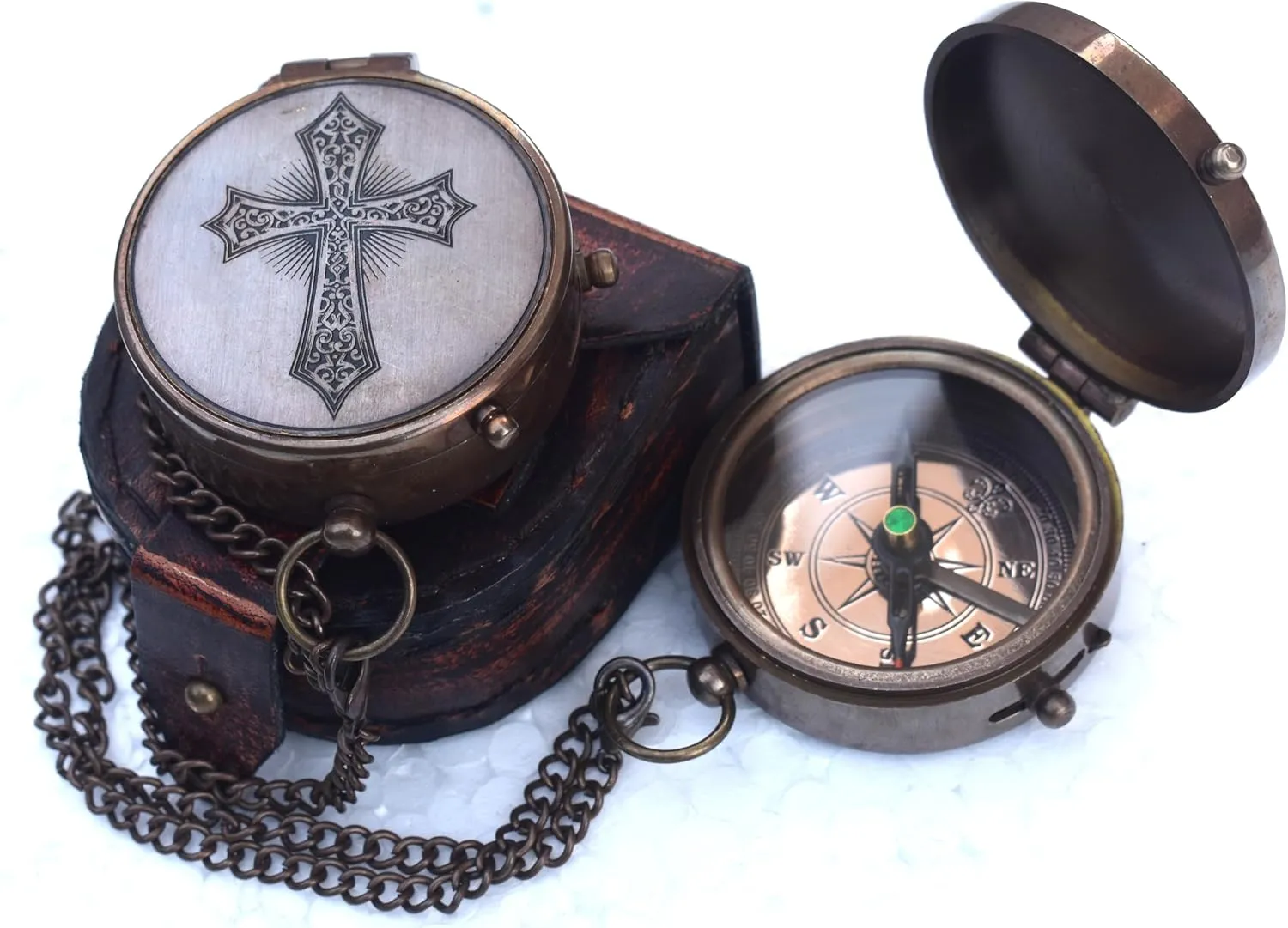 MARY NAUTICAL- Pocket Compass with Leather Pouch| Religious Jesus Gifts Compass Engraved Cross Ideal Gifts for Christmas, Baptism, Graduation, First Communion Gifts for Boys